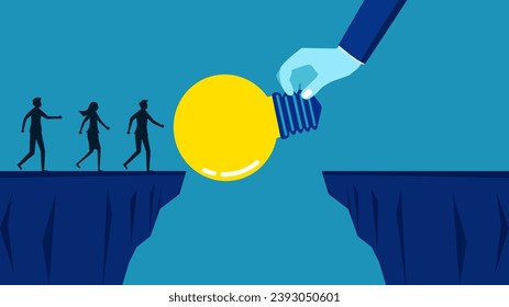 Teach business knowledge. Businessman manager gives a light bulb bridge over a cliff