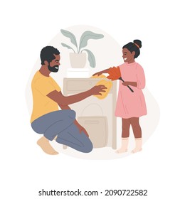 Teach cleaning the dust isolated cartoon vector illustration. Parent teaches kid to clean the dust, help around the house, household maintenance skill, home education, daycare cartoon vector.