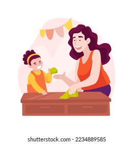 Teach cleaning the dust isolated cartoon vector illustration. Parent teaches kid to clean the dust, help around the house, household maintenance skill, home education, daycare vector cartoon.