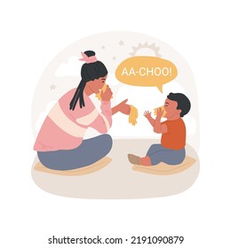 Teach to cover sneezing isolated cartoon vector illustration. Teach child to sneeze in cuff, use handkerchief, toddler personal hygiene, cover mouth, pandemic, early education vector cartoon.
