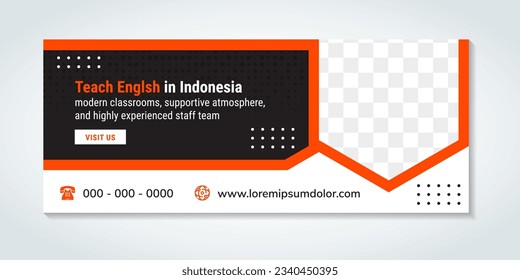 teach english in indonesia course, seminars horizontal banner design. Modern template white background and orange black element color and place for the photo. Usable for banner, cover, and header.