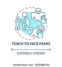 Teach to face fears blue concept icon. Support kid abstract idea thin line illustration. Help child to overcome phobias. Parenting. Vector isolated outline color drawing. Editable stroke