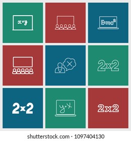 Teach icon. collection of 9 teach filled and outline icons such as blackboard, blackboard x+y, classroom, board with formulas. editable teach icons for web and mobile.