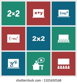 Teach icon. collection of 9 teach filled icons such as blackboard, blackboard x+y, teacher, board with formulas. editable teach icons for web and mobile.