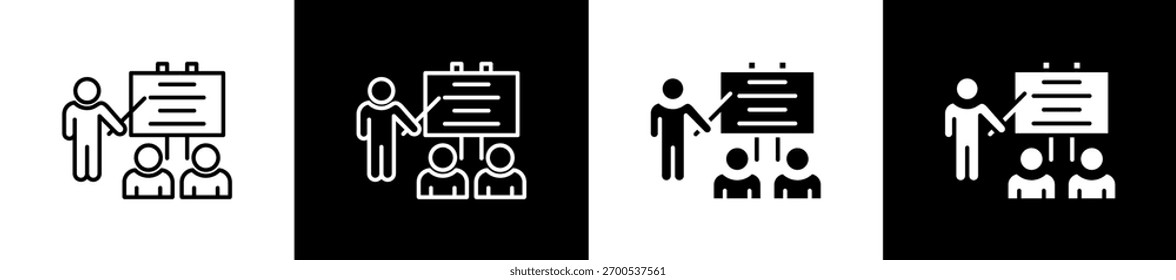 Ícone de ensino definido em estilo de linha e glifo no plano de fundo preto e branco