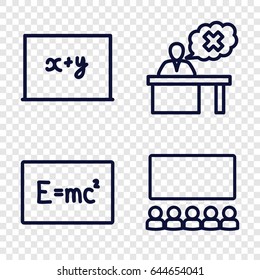 Teach icons set. set of 4 teach outline icons such as teacher, blackboard x+y, board with formulas