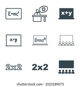 Teach icons. set of 9 editable filled and outline teach icons such as blackboard, blackboard x+y, classroom, board with formulas