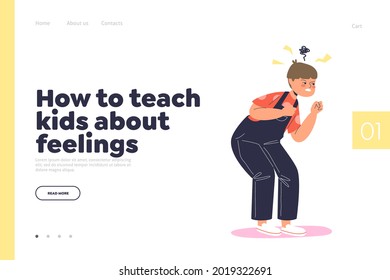 Teach kid about feelings concept of landing page with angry furious little boy crying and frowning. Aggressive small preschool child mad shouting. Cartoon flat vector illustration