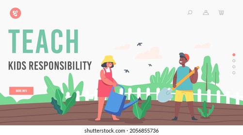 Teach Kids Responsibility Landing Page Template. Happy Children Characters Working in Summer Garden. Boy Digging Soil, Girl Farmer or Gardener Watering Plants. Cartoon People Vector Illustration