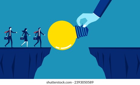 Teach knowledge to overcome obstacles. Businessman manager gives a light bulb bridge over a cliff