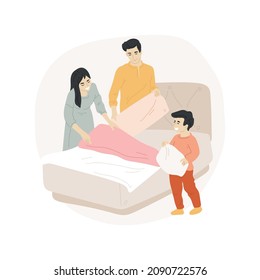 Teach making bed isolated cartoon vector illustration. Mother teaches child to make bed, household maintenance skill, child put linen, homebased daycare, homeschooling activity cartoon vector.