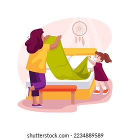 Teach making bed isolated cartoon vector illustration. Mother teaches child to make bed, household maintenance skill, child put linen, homebased daycare, homeschooling activity vector cartoon.