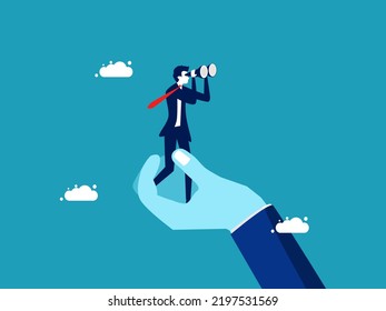 Teach them to have a vision. businessman looking into a telescope stands on a supporting hand. vector
