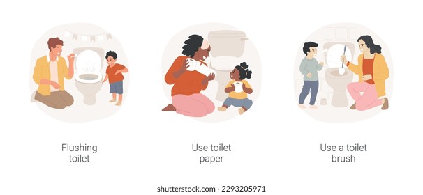 Teach toilet hygiene isolated cartoon vector illustration set. Showing the kid how to flush toilet, mom holding toilet paper, teach child to use toilet brush, personal hygiene rules vector cartoon.