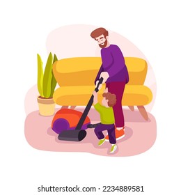 Teach vacuum cleaning isolated cartoon vector illustration. Family cleaning house together, teach child to use vacuum cleaner, household maintenance, early home education vector cartoon.