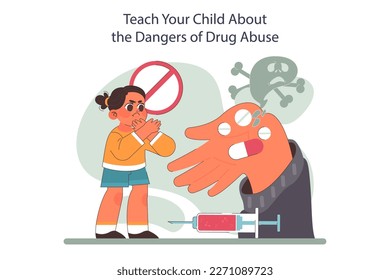 Enseñe a su hijo acerca de los peligros del abuso de drogas. Concienciación sobre el daño, prevención de la adicción a los estupefacientes. Padres positivos o consejos de promoción. Formación de las habilidades diarias de su hijo. Ilustración vectorial plana