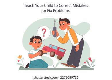 Teach your child to correct mistakes or fix problems. Positive parenting tips. Fostering advice. Formation of your child's daily skills. Happy family realtionship. Flat vector illustration