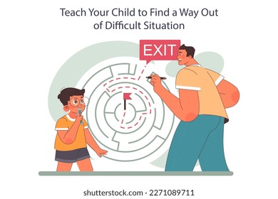 Teach your child to find a way out of difficult situation. Solution development. Positive parenting or fostering tips. Formation of your child's daily skills. Flat vector illustration