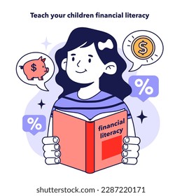 Teach your children financial literacy. Little girl studying household finance management and money saving. Financial efficiency, budgeting and economy idea. Flat vector illustration