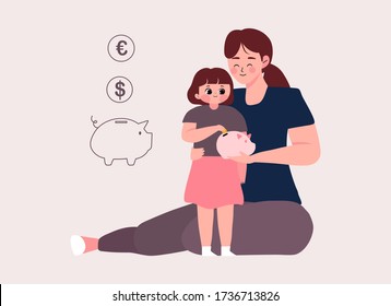 Teach your children to save day concept. illustration of mother teaches her children to learn to save by putting coins in piggy banks