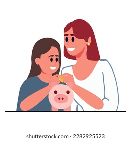 Teach your children to save day cartoon hand drawn style flat vector design illustration. Concept of The mother teaches her children to learn to save by putting coins in piggy banks.