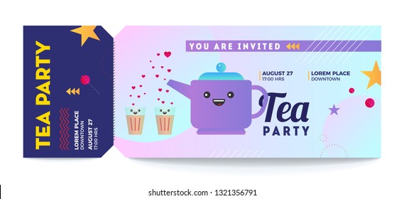 Tea/Chai Party Template. Vector illustration of tea pot and tea glasses. Tea Party Vector Tickets Template. You are Invited Ticket for entrance to the event.