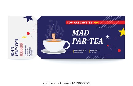 Tea/Chai Party Template. Vector illustration of a man taking bath and relaxing in tea cup. Tea Party Vector Tickets Template. You are Invited Ticket for entrance to the event.