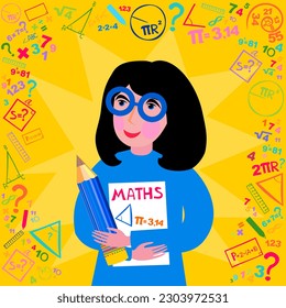 Math’s teacher. Algebra, geometry, statistics, basic maths. Education, back to school concept. Creative abstract template graphics image of intelligent lady learning math. Vector illustration