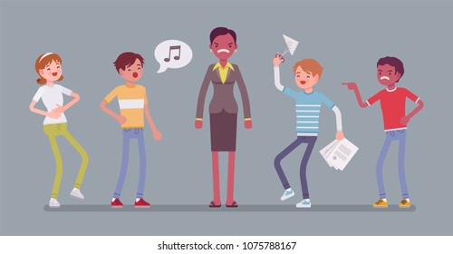 Teacher annoyed with naughty kids. Misbehaving teens irritate adult woman, provoke impatience, rise bad emotions, no respect or courtesy in school relationships. Vector flat style cartoon illustration