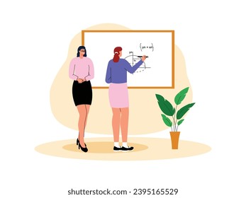 Teacher appoints students to do problems on white board, mathematics subject, school vector illustration.
