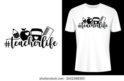 Teacher appreciation graphic on a tee shirt showcases dedication with apple, coffee, and school supplies. A perfect gift to show love and respect to educators.
