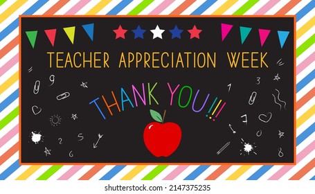 Teacher appreciation week concept. Text Thank you, stars, red apple on black school board with colorful striped frame.