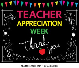 Teacher appreciation week concept. Thank you, teacher, white vector lettering on blackboard. Garland and school patterns.