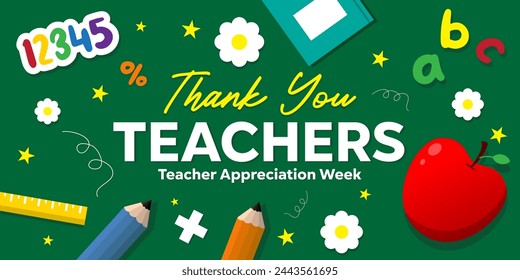 Teacher Appreciation Week. Pencil, apple, alphabet and more. Great for cards, banners, posters, social media and more. Green background.