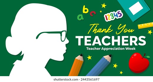 Teacher Appreciation Week. Teacher, pencil, apple, alphabet and more. Great for cards, banners, posters, social media and more. Green background.