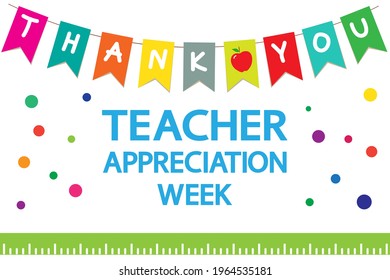 Teacher Appreciation Week school  banner. Garland of colored flags, text "thank you", apple, ruler on a white background, vector. Annual festive event. 