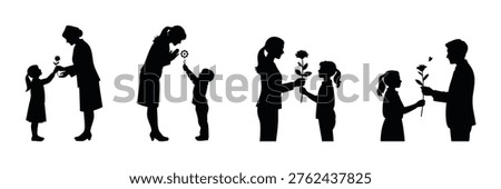 Teacher appreciation week silhouette icon set. Students giving flowers to teacher, gratitude and respect vector collection. Vector illustration.