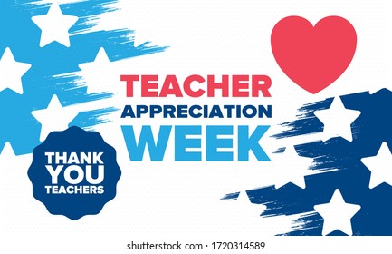 Teacher Appreciation Week in United States. Celebrated annual in May. In honour of teachers who hard work and teach our children. School and education. Student learning concept. Vector illustration