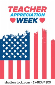 Teacher Appreciation Week in United States. Celebrated annual in May. In honour of teachers who hard work and teach our children. School and education. Student learning concept. Vector illustration