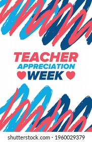 Teacher Appreciation Week in United States. Celebrated annual in May. In honour of teachers who hard work and teach our children. School and education. Student learning concept. Vector illustration
