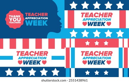 Teacher Appreciation Week in United States. Celebrated annual in May. In honour of teachers who hard work and teach our children. School and education. Student learning concept. Vector illustration