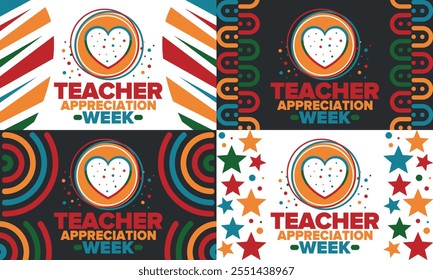 Teacher Appreciation Week in United States. Celebrated annual in May. In honour of teachers who hard work and teach our children. School and education. Student learning concept. Vector illustration