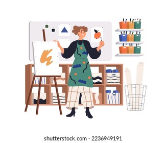 Teacher in art class at school. Artist teaching to draw at creative workshop. Woman explaining painting, standing by canvas on easel in classroom. Flat vector illustration isolated on white background