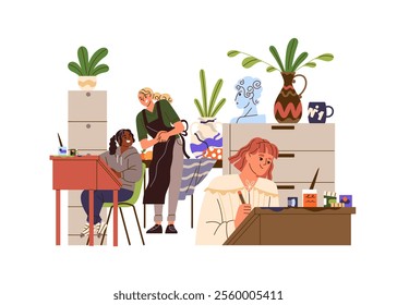 Teacher of art class teaches children painting. Talented students drawing with paint on the desk. Creative kids study in painters' school. Flat isolated vector illustration on white background