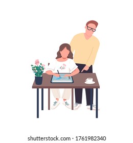 Teacher with art student flat color vector faceless character. Father helps daughter with homework. Lesson on creative activity isolated cartoon illustration for web graphic design and animation