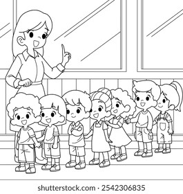 The teacher asked the students to stand in line.vector illustration isolated on white background.cartoon coloring for kids