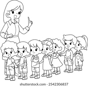 The teacher asked the students to stand in line.vector illustration isolated on white background.cartoon coloring for kids