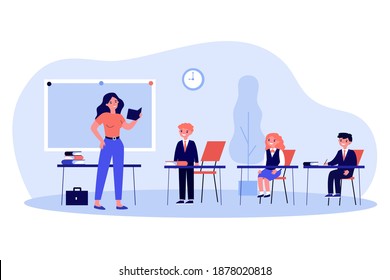 Teacher asking pupil in class. Lesson, kids in uniform, classroom flat vector illustration. Back to school, education, teaching concept for banner, website design or landing web page