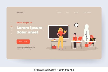 Profesor preguntando a un alumno en clase. Lección, niños uniformados, ilustración vectorial plana en aula. De vuelta a la escuela, la educación, el concepto de enseñanza para banner, diseño de sitios web o página web de aterrizaje