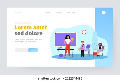 Teacher asking pupil in class. Lesson, kids in uniform, classroom flat vector illustration. Back to school, education, teaching concept for banner, website design or landing web page